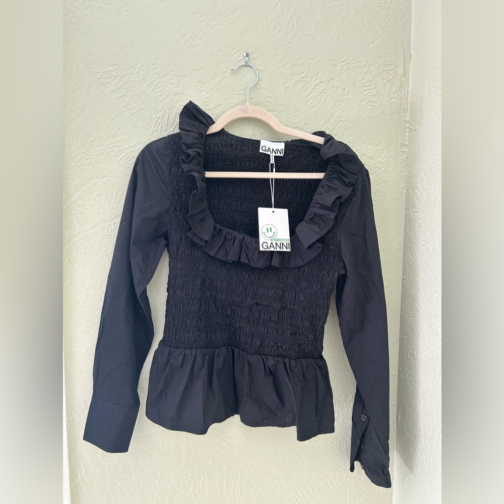 GANNI Black Cotton Poplin Open-neck Smock Blouse